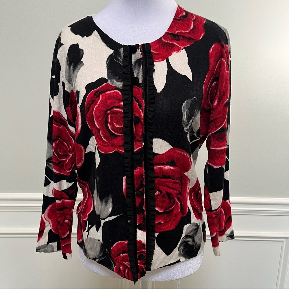 White House Black Market Red and Black Floral Blouse